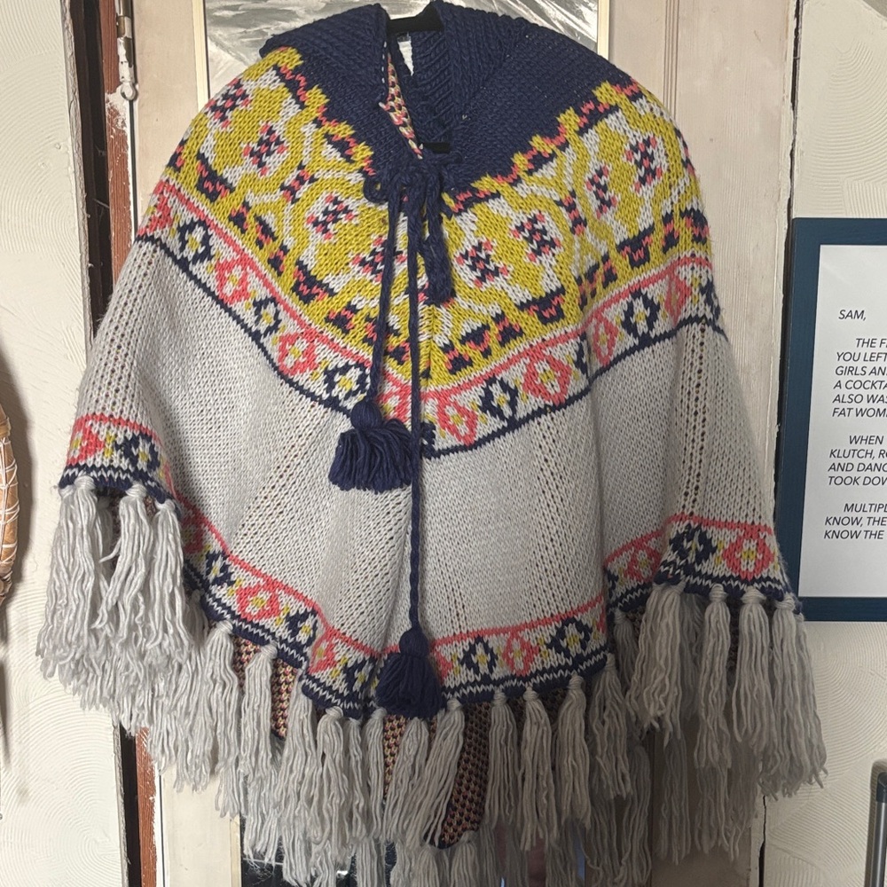 Free People Blue and Yellow Knit Poncho with Fringe